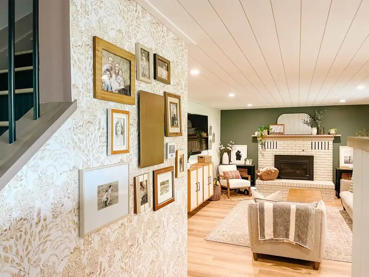Modern accent wall with geometric wallpaper pattern